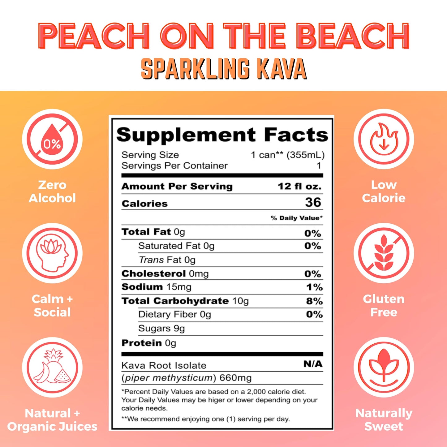 Peach on the Beach Kava Seltzer – Gluten-Free, Vegan, Low-Calorie | 12 oz Cans (4-Pack)