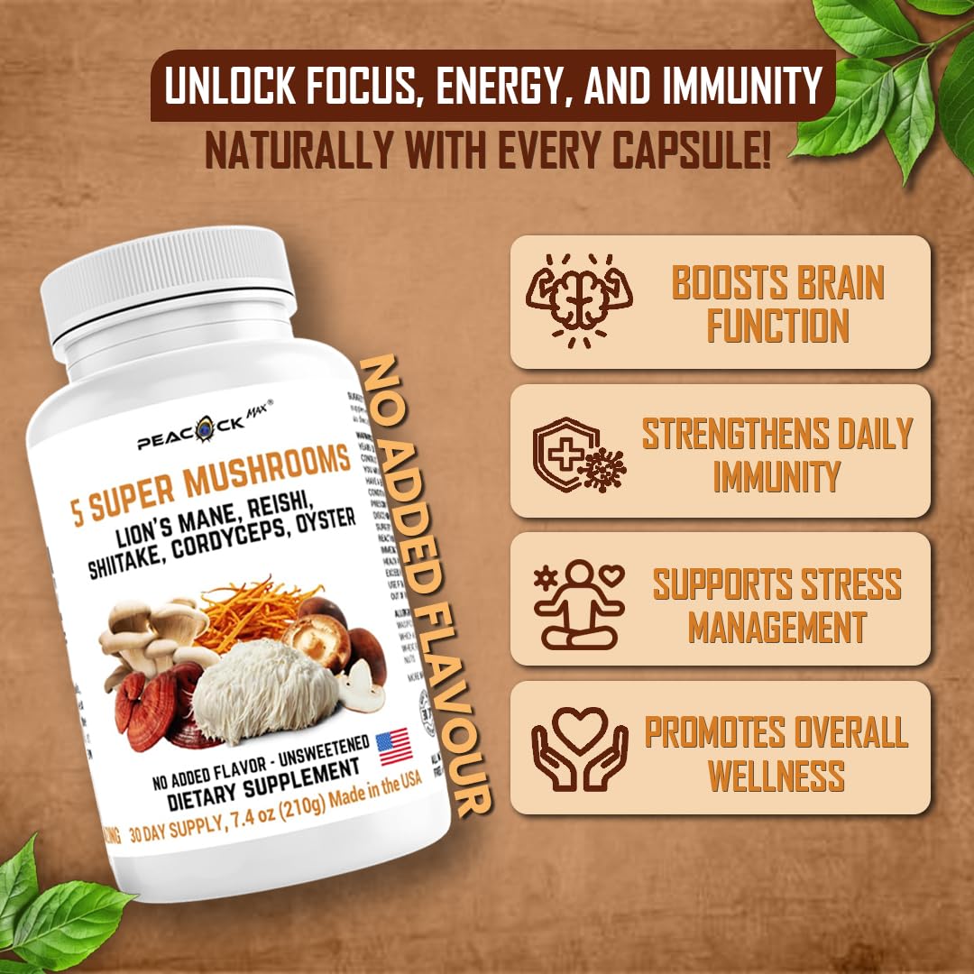 Peacock Max 5 Mushrooms - 180 Count | Lion's Mane, Reishi, Shiitake, Cordyceps & Oyster