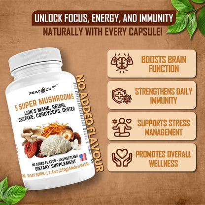 Peacock Max 5 Mushrooms - 180 Count | Lion's Mane, Reishi, Shiitake, Cordyceps & Oyster