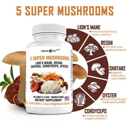 Peacock Max 5 Mushrooms - 180 Count | Lion's Mane, Reishi, Shiitake, Cordyceps & Oyster