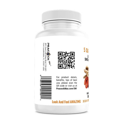 Peacock Max 5 Mushrooms - 180 Count | Lion's Mane, Reishi, Shiitake, Cordyceps & Oyster