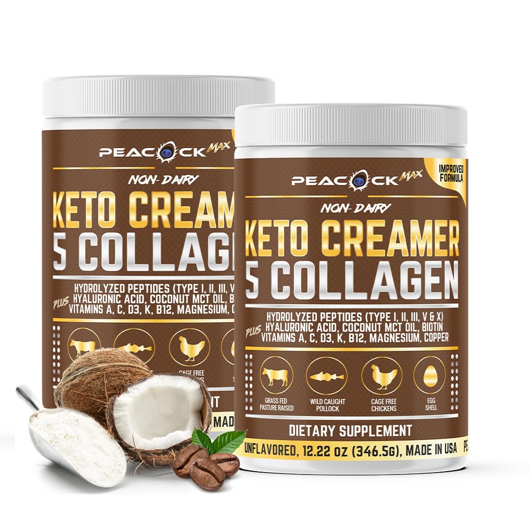 Peacock Max Collagen Keto Creamer Powder – Unflavored, Coconut MCT, B12 & Magnesium (2x24.44 oz)
