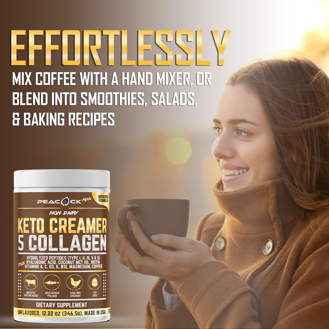 Peacock Max Collagen Keto Creamer Powder – Unflavored, Coconut MCT, B12 & Magnesium (2x24.44 oz)