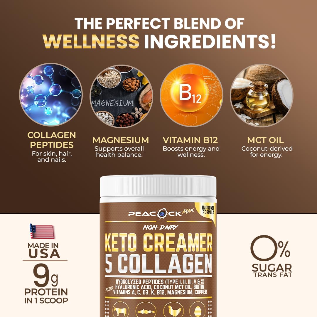 Peacock Max Collagen Keto Creamer Powder – Unflavored, Coconut MCT, B12 & Magnesium (2x24.44 oz)