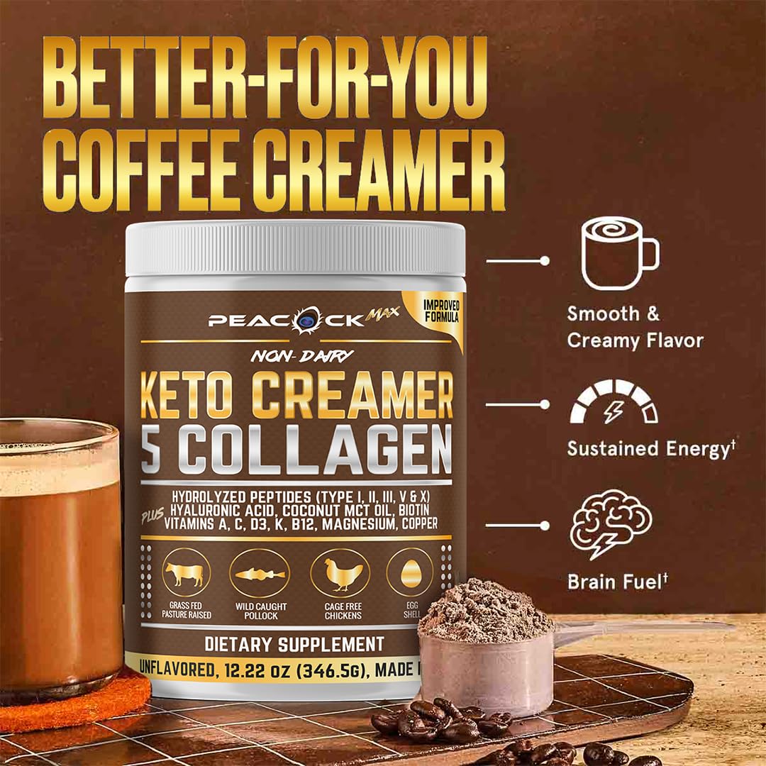 Peacock Max Collagen Keto Creamer Powder – Unflavored, Coconut MCT, B12 & Magnesium (2x24.44 oz)
