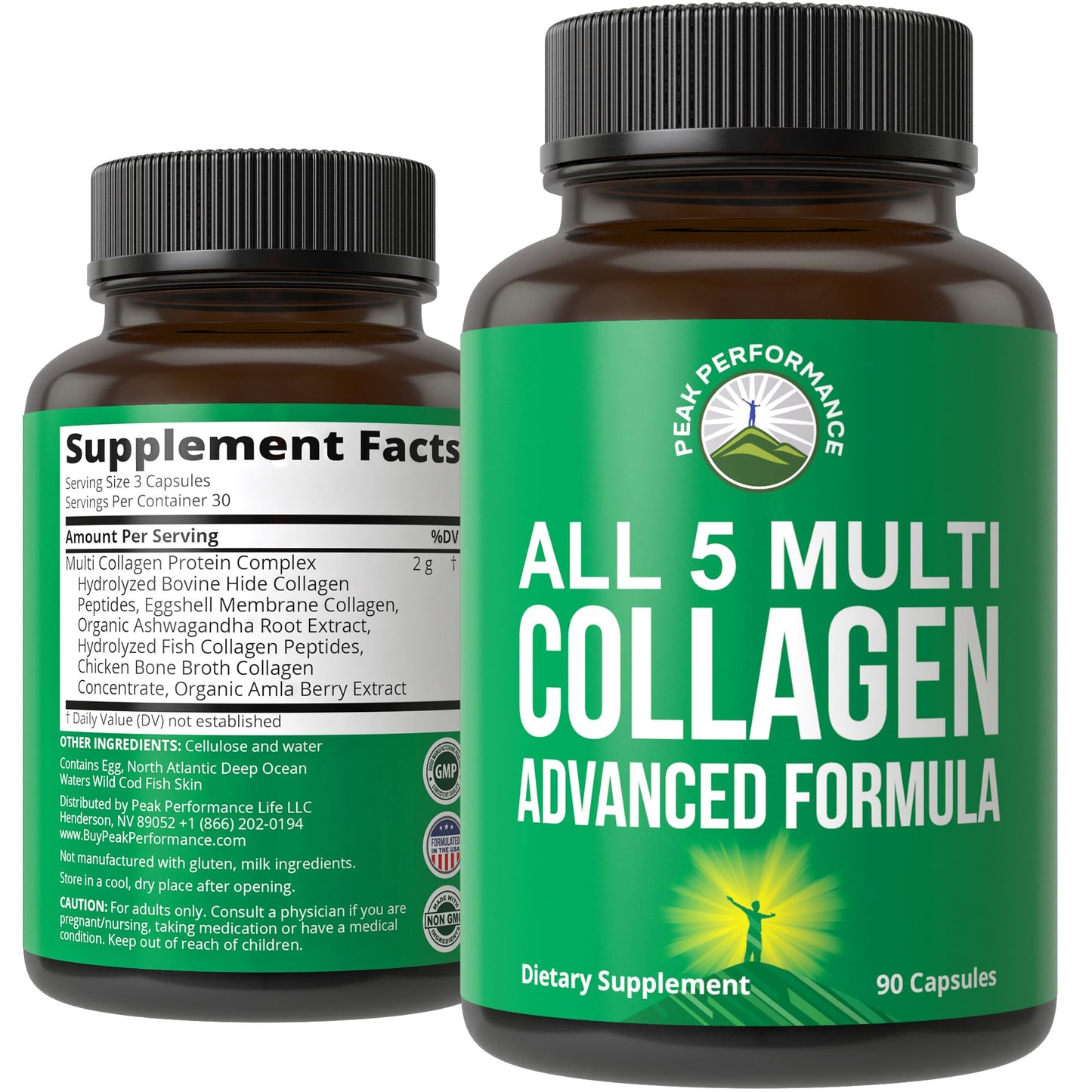 Peak Performance All 5 Multi-Collagen Capsules – 90 Pills, Grass-Fed Peptides | Collagen Types I, II, III, V, X