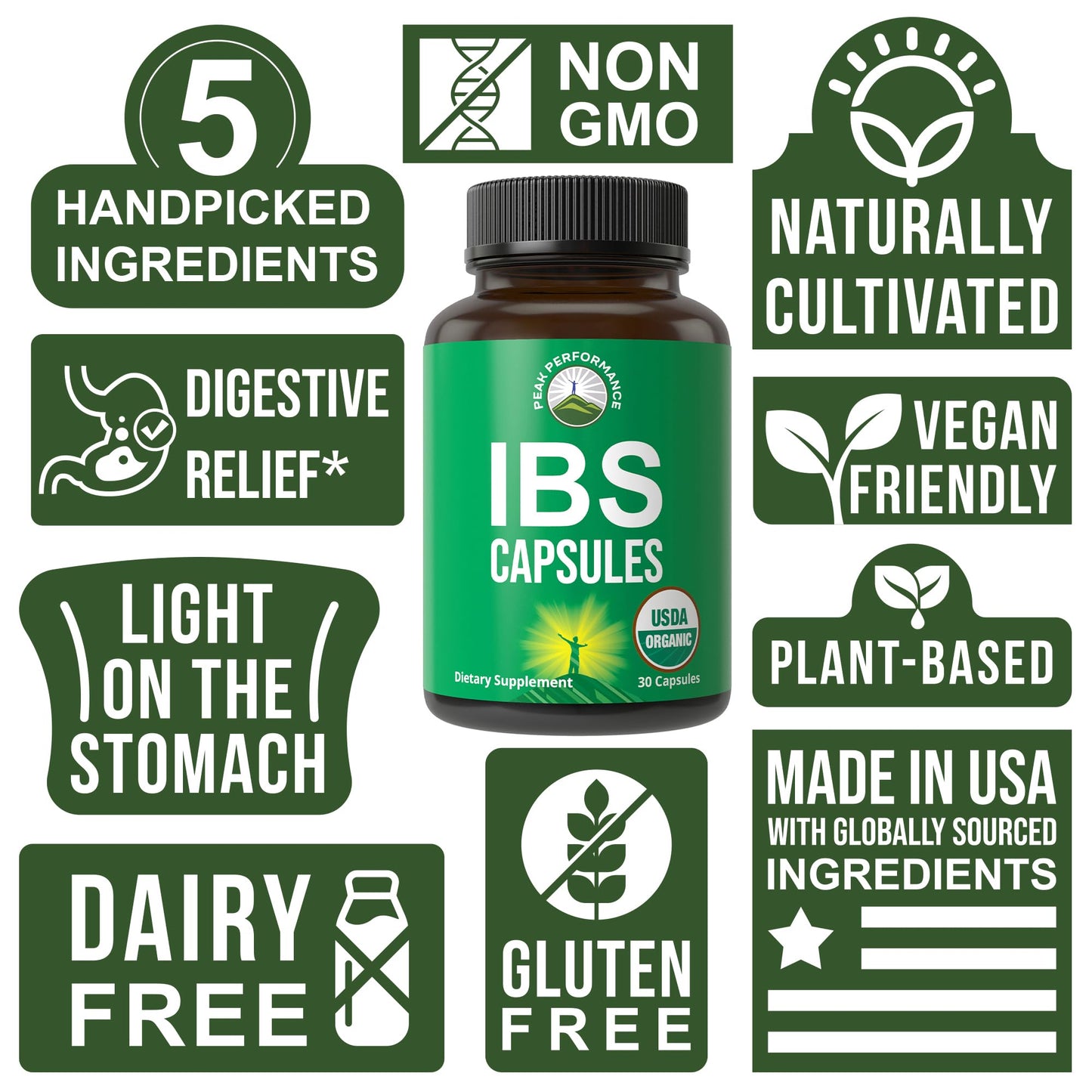 USDA Organic IBS Capsules for Relief – Peppermint, Sea Buckthorn, Fennel, Rosemary & Basil