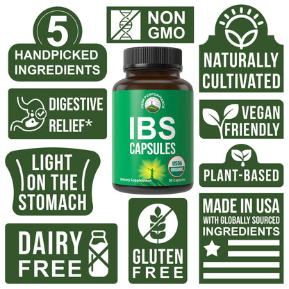 USDA Organic IBS Capsules for Relief – Peppermint, Sea Buckthorn, Fennel, Rosemary & Basil