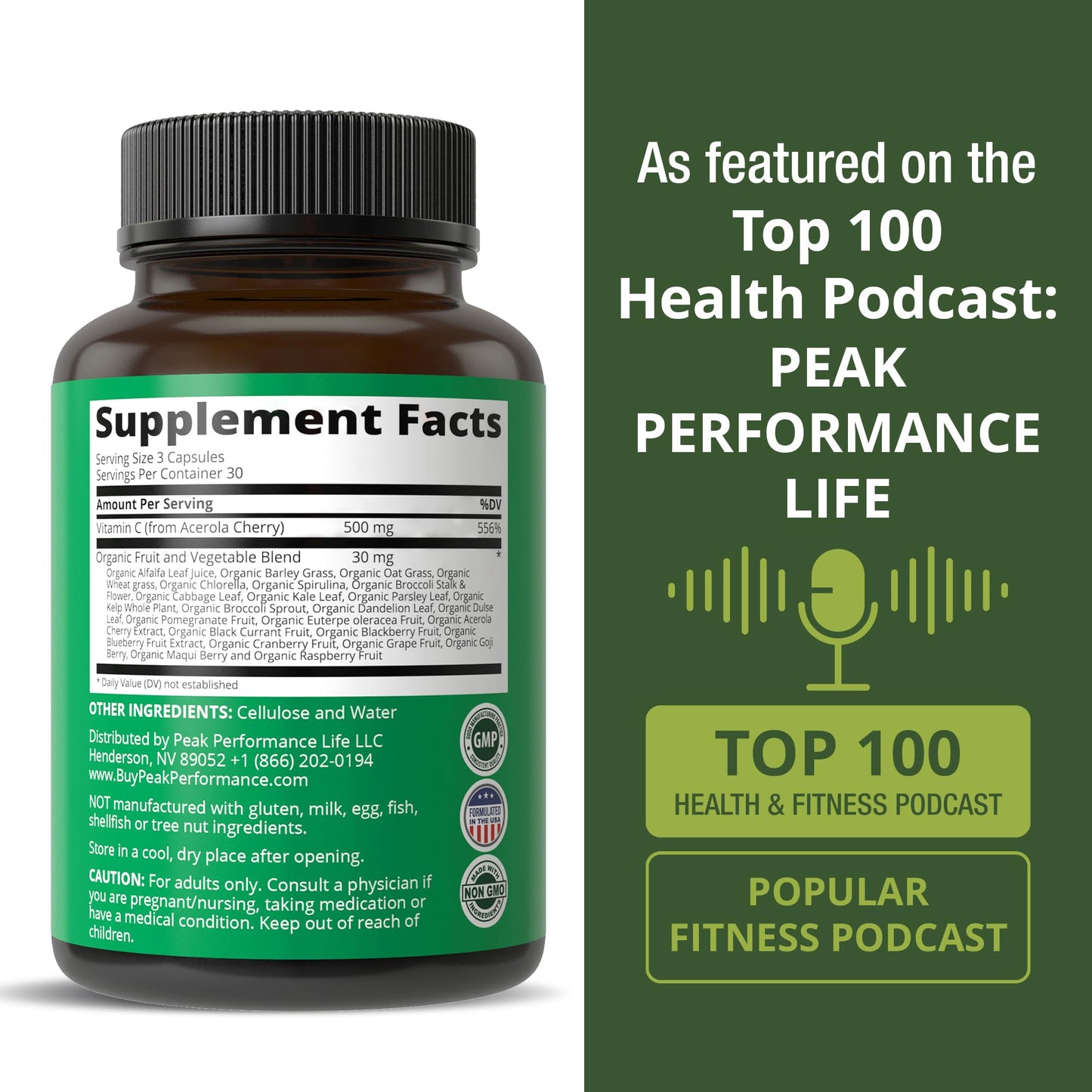 Peak Performance Raw Whole Food Vitamin C - Acerola Cherry, Vegan USA Sourced, 90 Pills, 500mg Serving