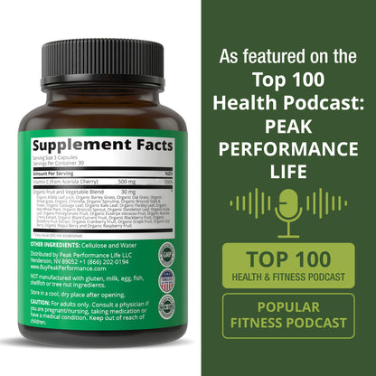 Peak Performance Raw Whole Food Vitamin C - Acerola Cherry, Vegan USA Sourced, 90 Pills, 500mg Serving