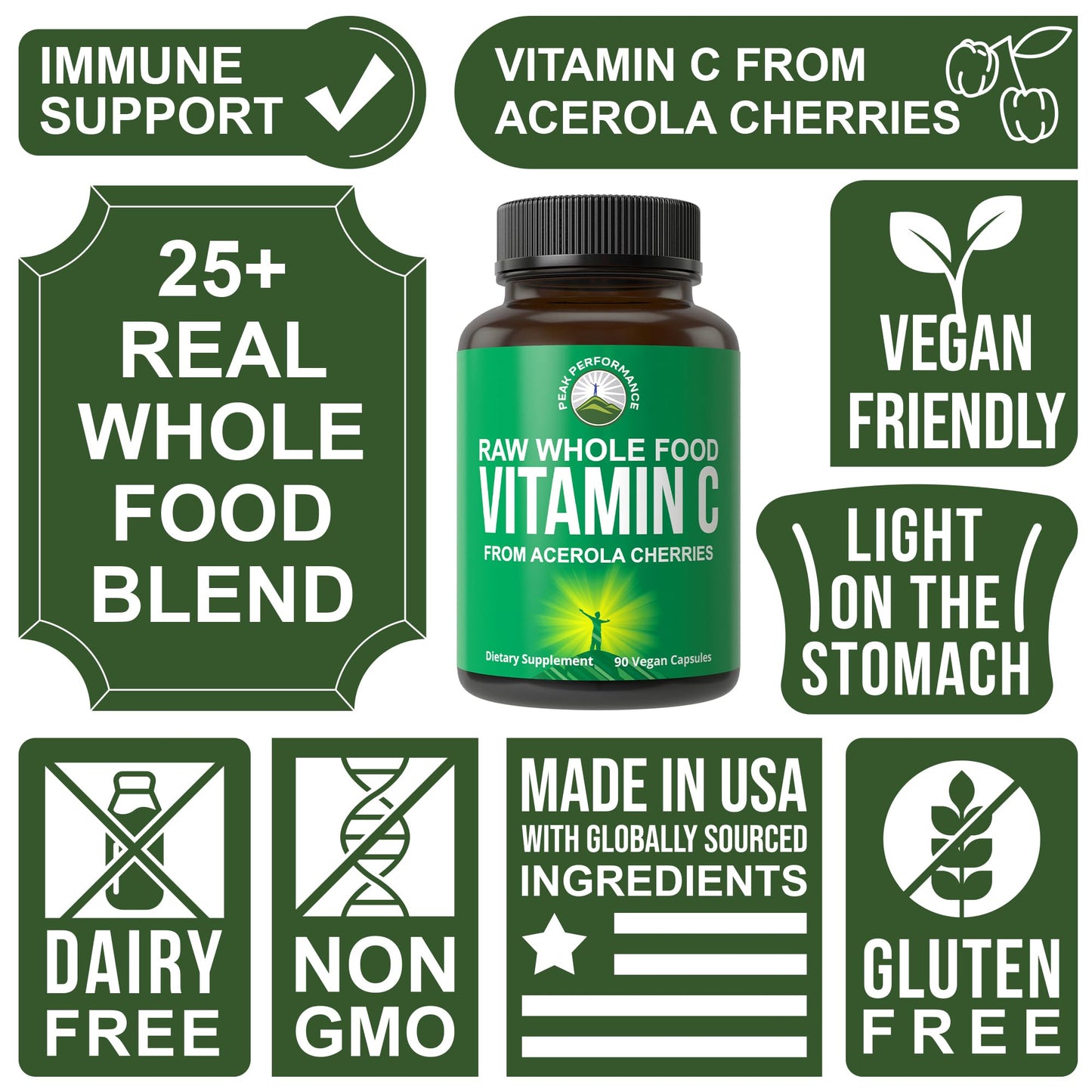 Peak Performance Raw Whole Food Vitamin C - Acerola Cherry, Vegan USA Sourced, 90 Pills, 500mg Serving