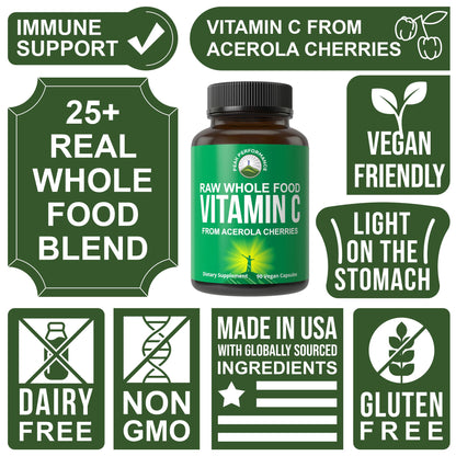 Peak Performance Raw Whole Food Vitamin C - Acerola Cherry, Vegan USA Sourced, 90 Pills, 500mg Serving
