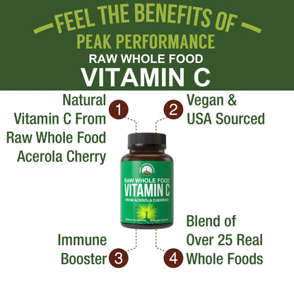 Peak Performance Raw Whole Food Vitamin C - Acerola Cherry, Vegan USA Sourced, 90 Pills, 500mg Serving