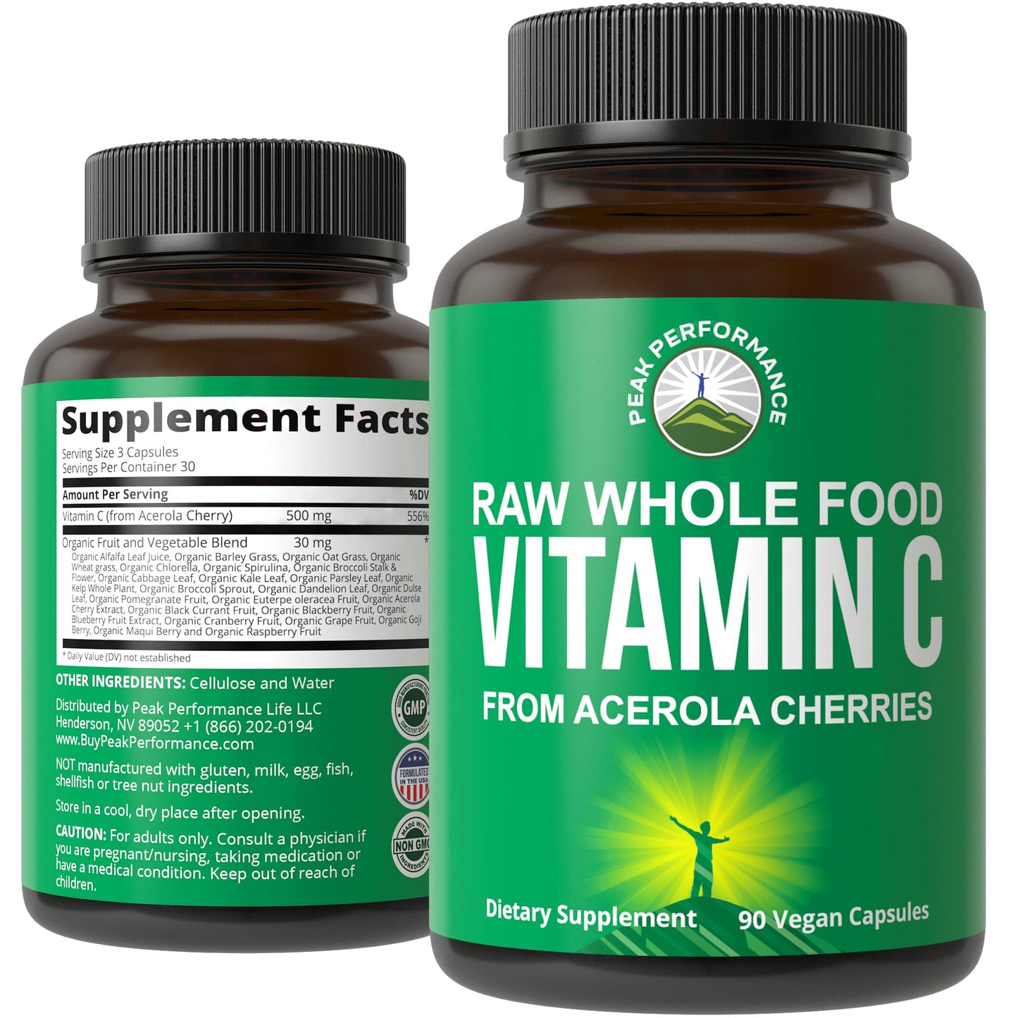 Peak Performance Raw Whole Food Vitamin C - Acerola Cherry, Vegan USA Sourced, 90 Pills, 500mg Serving