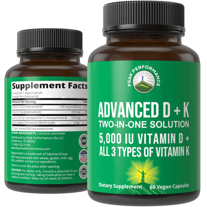 Peak Performance Vitamin D 5000 IU with Vitamin K (K1, MK-4, MK-7) | 60 Veggie Pills