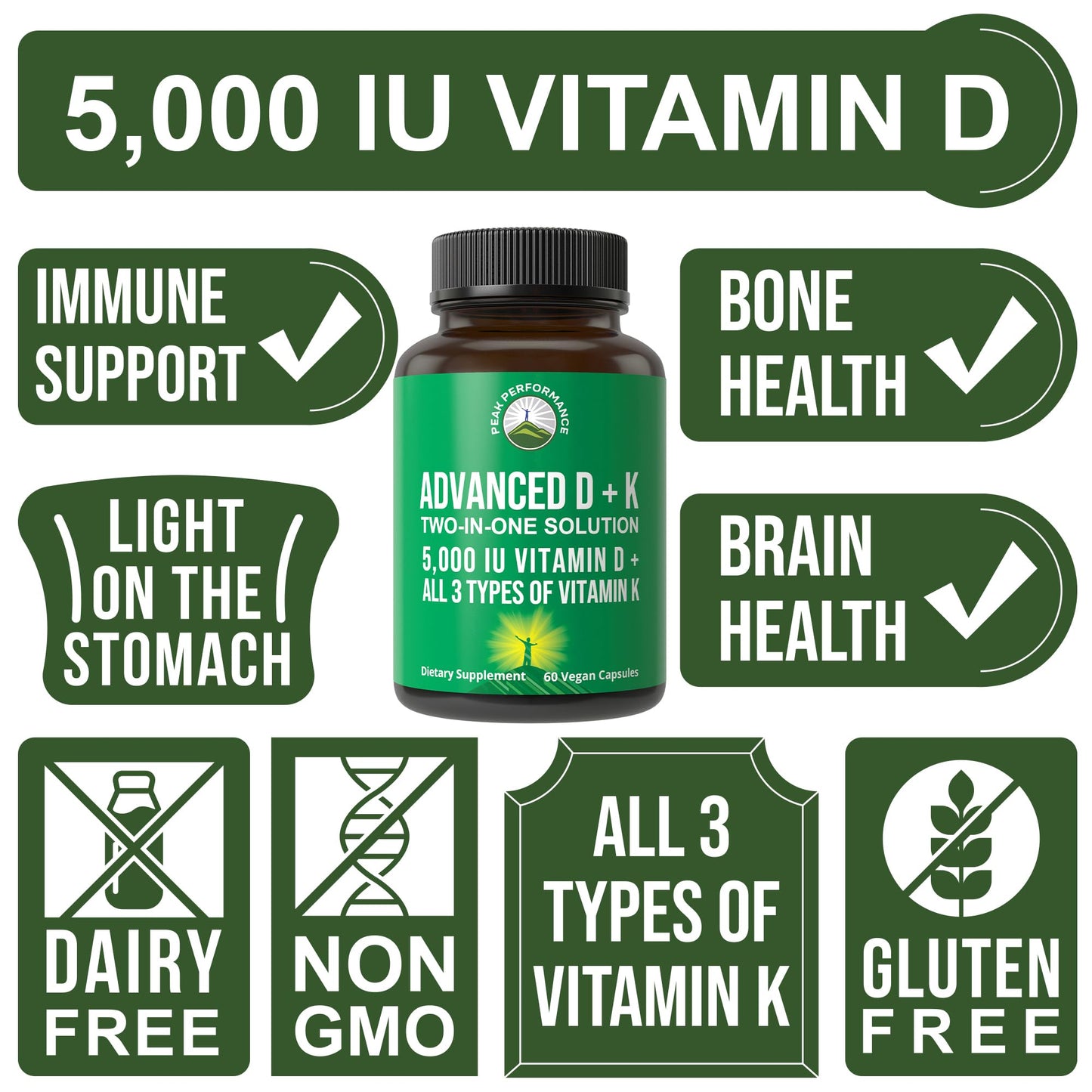 Peak Performance Vitamin D 5000 IU with Vitamin K (K1, MK-4, MK-7) | 60 Veggie Pills
