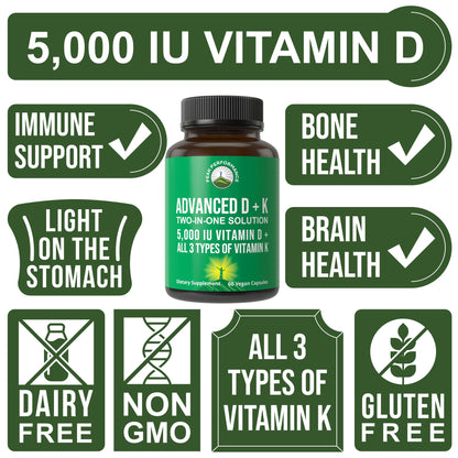 Peak Performance Vitamin D 5000 IU with Vitamin K (K1, MK-4, MK-7) | 60 Veggie Pills