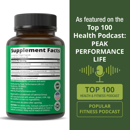 Peak Performance Vitamin D 10000 IU with Vitamin K (K1, MK-7, MK-4) – 60 Capsules