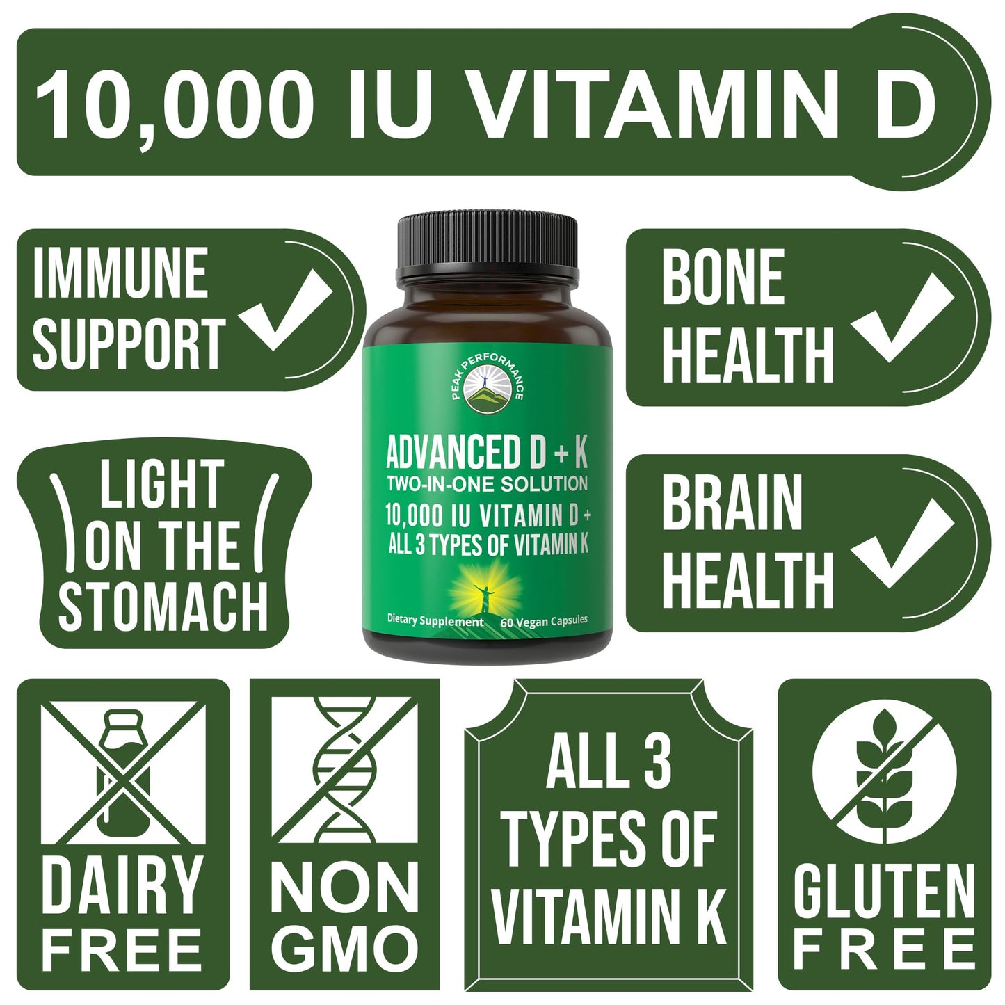Peak Performance Vitamin D 10000 IU with Vitamin K (K1, MK-7, MK-4) – 60 Capsules