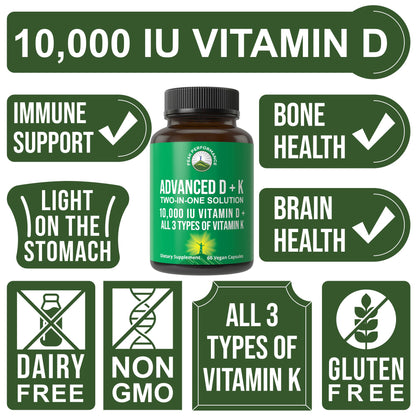Peak Performance Vitamin D 10000 IU with Vitamin K (K1, MK-7, MK-4) – 60 Capsules
