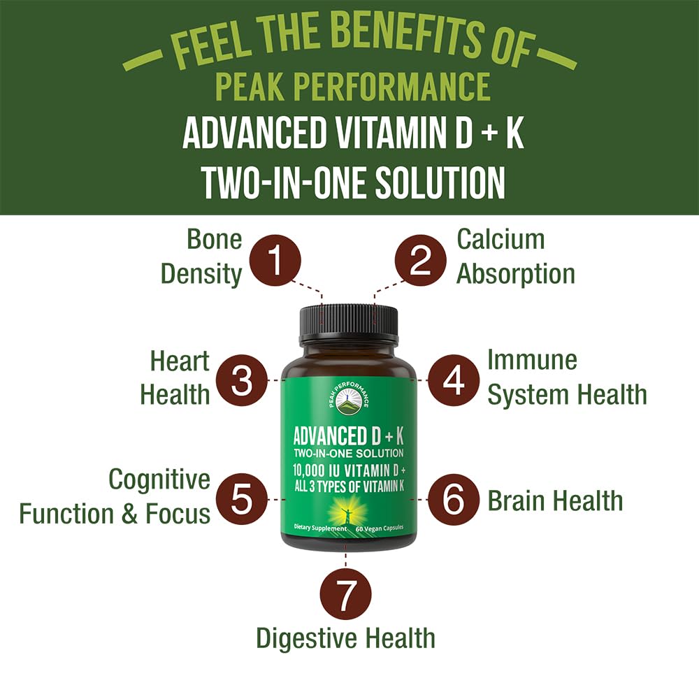 Peak Performance Vitamin D 10000 IU with Vitamin K (K1, MK-7, MK-4) – 60 Capsules