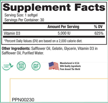 Peak D3 5000 IU Vitamin D3 – Immune Support, Heart Health & Energy | 30 Capsules