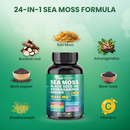 Peakhealth Shilajit Sea Moss & Black Seed Oil Capsules – 2 Bottle Combo (60 Capsules Each)