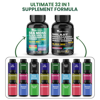 Peakhealth Shilajit Sea Moss & Black Seed Oil Capsules – 2 Bottle Combo (60 Capsules Each)