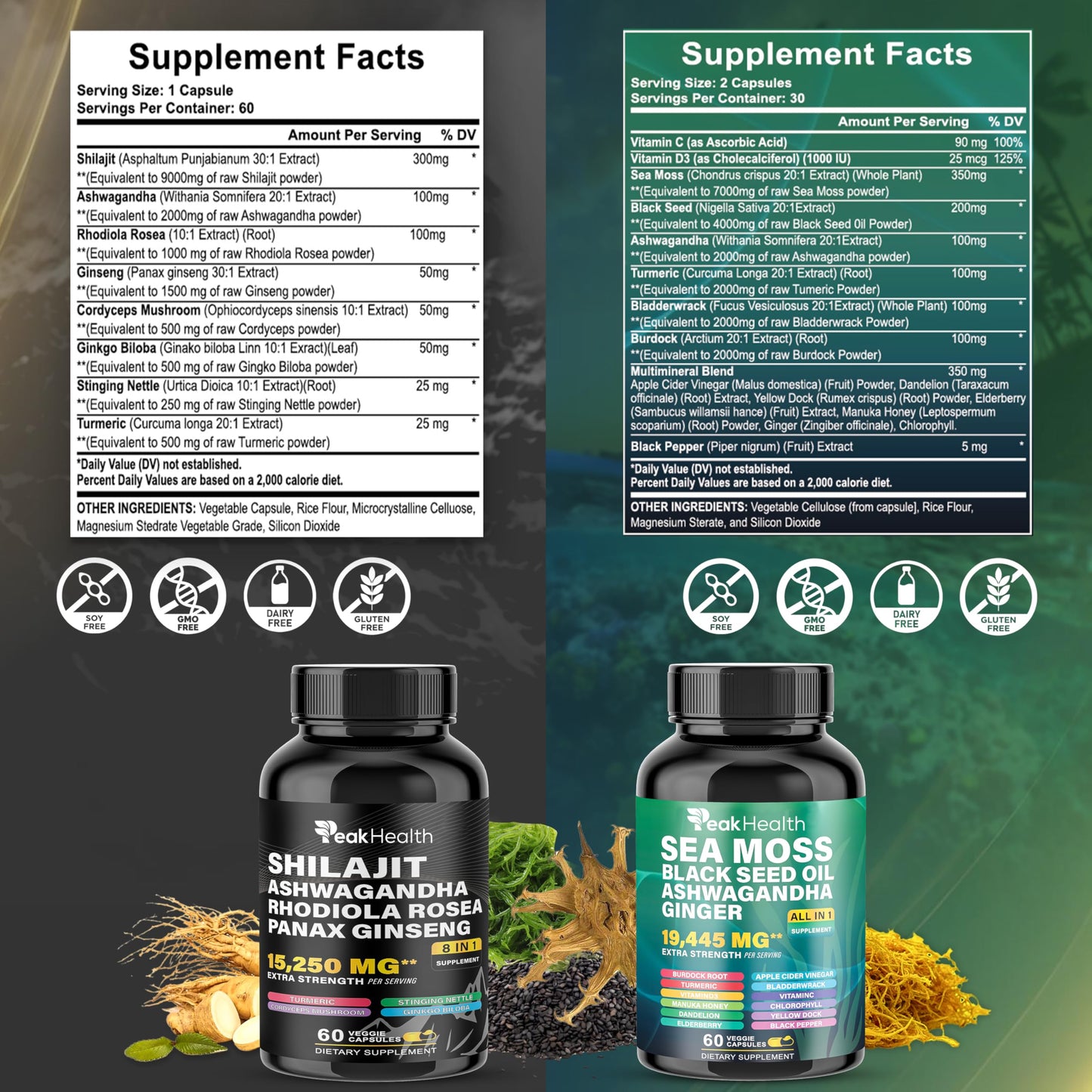 Peakhealth Shilajit Sea Moss & Black Seed Oil Capsules – 2 Bottle Combo (60 Capsules Each)