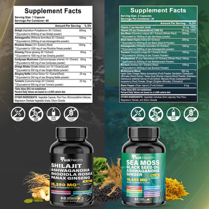 Peakhealth Shilajit Sea Moss & Black Seed Oil Capsules – 2 Bottle Combo (60 Capsules Each)
