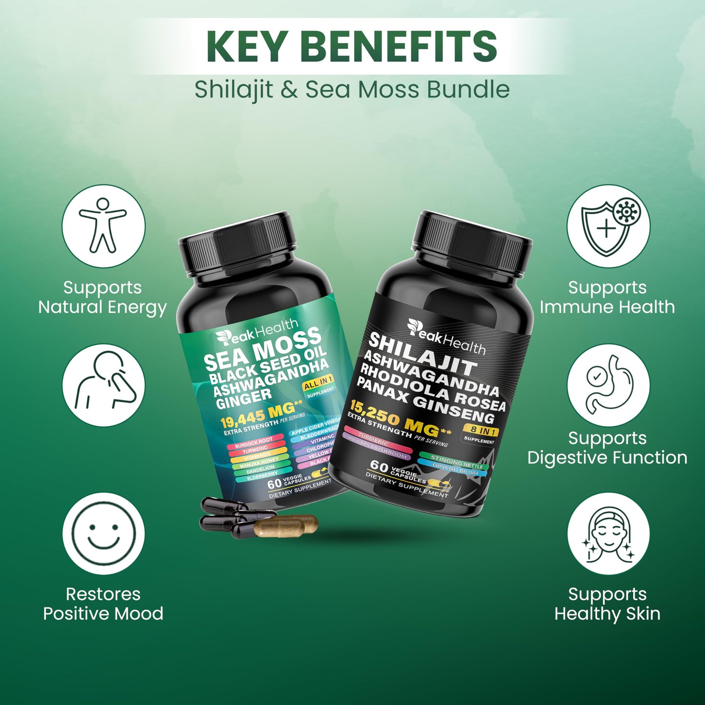 Peakhealth Shilajit Sea Moss & Black Seed Oil Capsules – 2 Bottle Combo (60 Capsules Each)