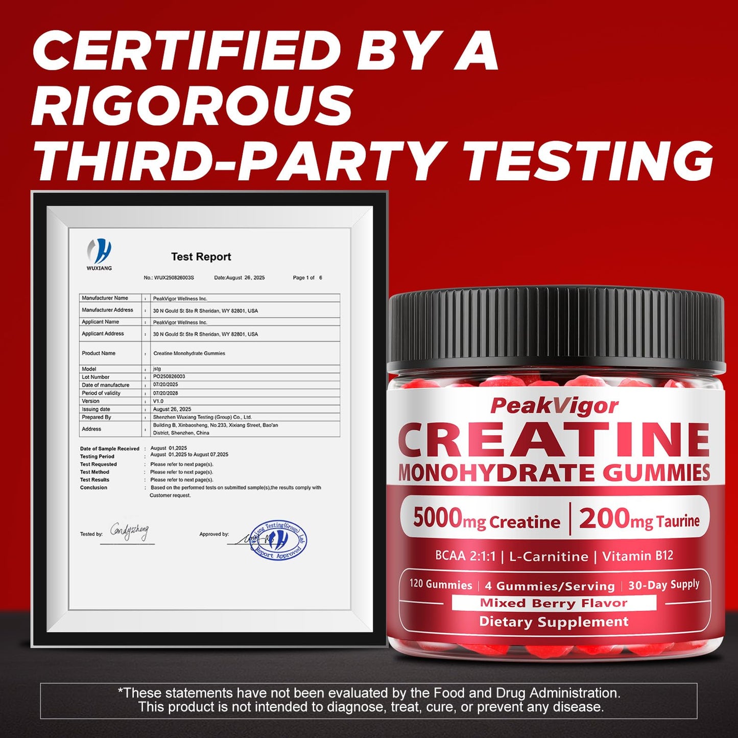 PeakVigor Organics Creatine Gummies 5000mg for Women & Men – Vegan, Sugar-Free, 120 Gummies