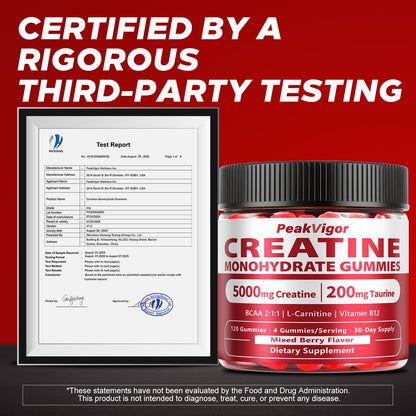 PeakVigor Organics Creatine Gummies 5000mg for Women & Men – Vegan, Sugar-Free, 120 Gummies