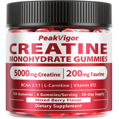 PeakVigor Organics Creatine Gummies – 5000MG Monohydrate, Sugar Free, 120 Gummies