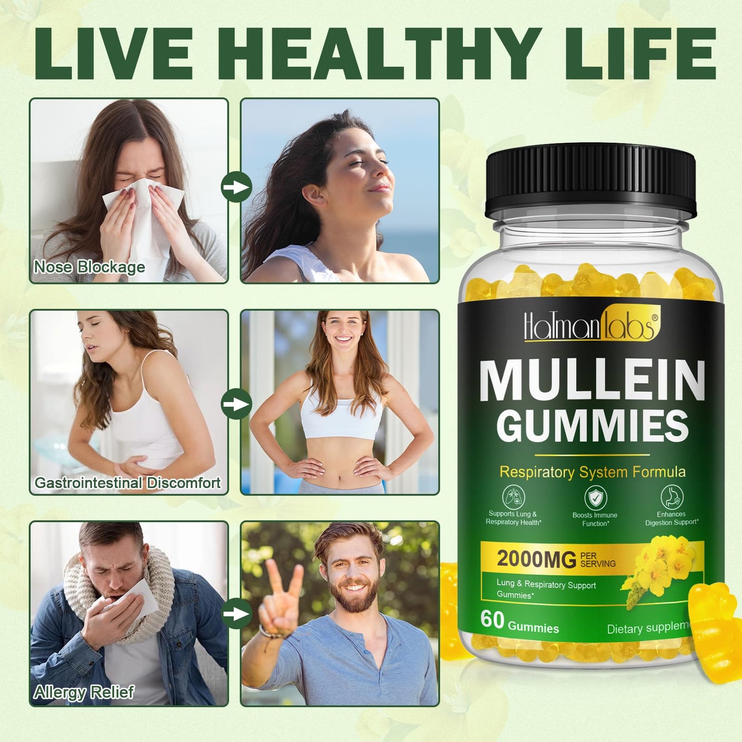 120 Count Mullein Gummies for Lungs – Pear Flavor, 2000 MG Mullein Leaf Extract