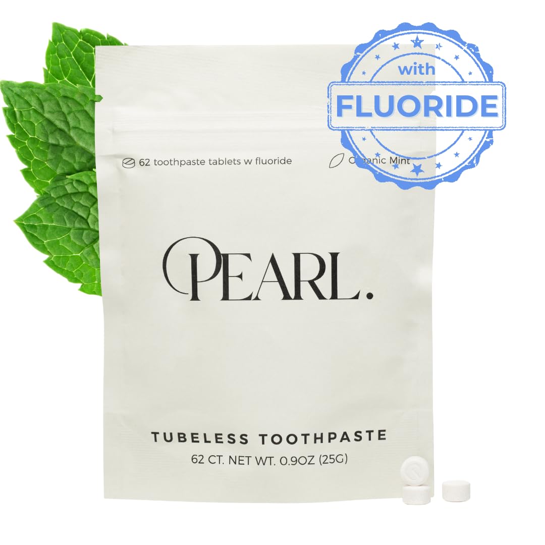 Pearl Fluoride Mint Toothpaste Tablets | Dentist Developed | Natural Whitening | Sensitivity Relief | TSA Approved | Plastic-Free | Reusable Packaging (62 Tablets)