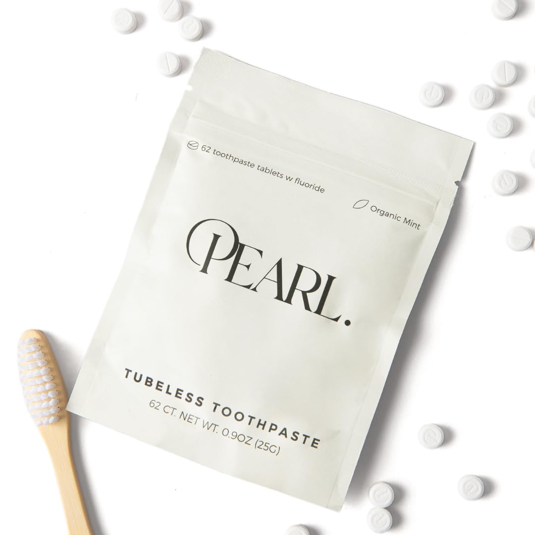 Pearl Fluoride Mint Toothpaste Tablets | Dentist Developed | Natural Whitening | Sensitivity Relief | TSA Approved | Plastic-Free | Reusable Packaging (62 Tablets)