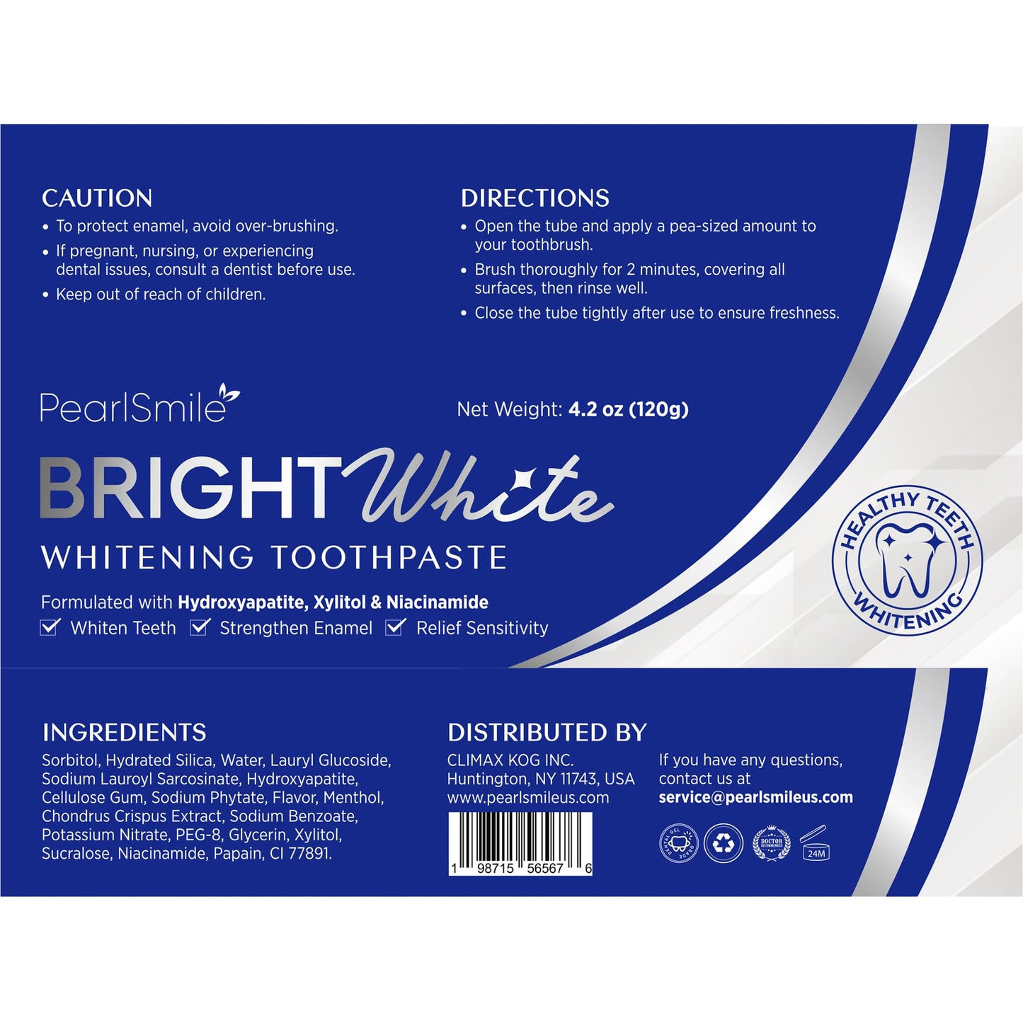 PearlSmile Niacinamide 5% + Nano-Hydroxyapatite 10% Whitening Toothpaste – Fluoride-Free, 4.2oz