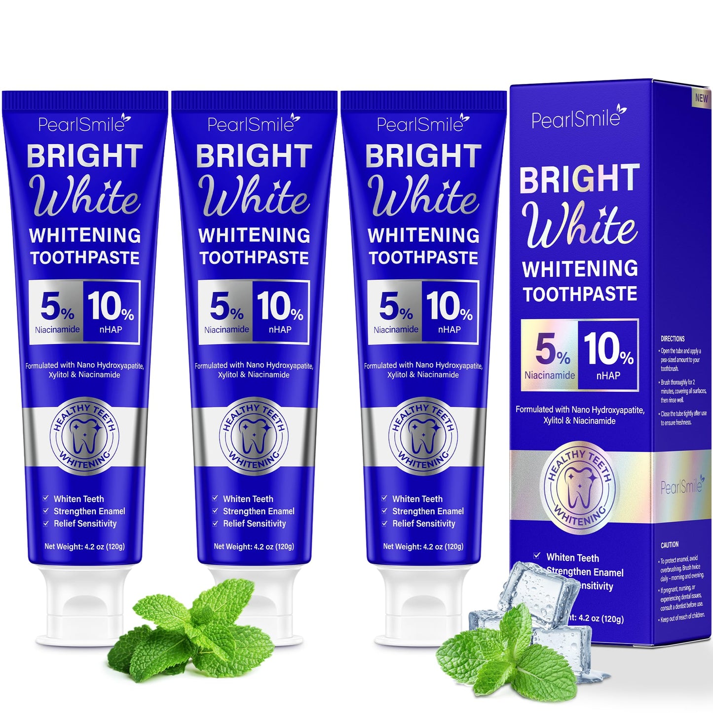 PearlSmile Whitening Toothpaste – 10% Nano-Hydroxyapatite + 5% Niacinamide – Fluoride-Free, Travel-Size 4.2oz (3 Pack)