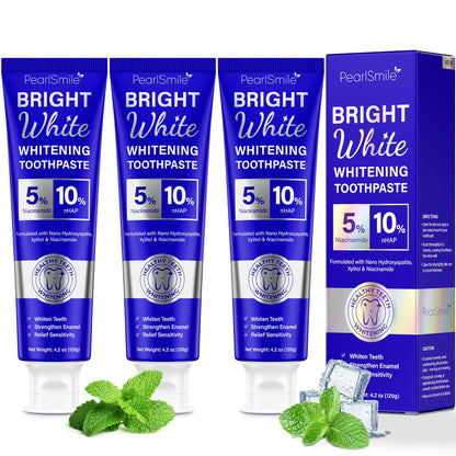 PearlSmile Whitening Toothpaste – 10% Nano-Hydroxyapatite + 5% Niacinamide – Fluoride-Free, Travel-Size 4.2oz (3 Pack)