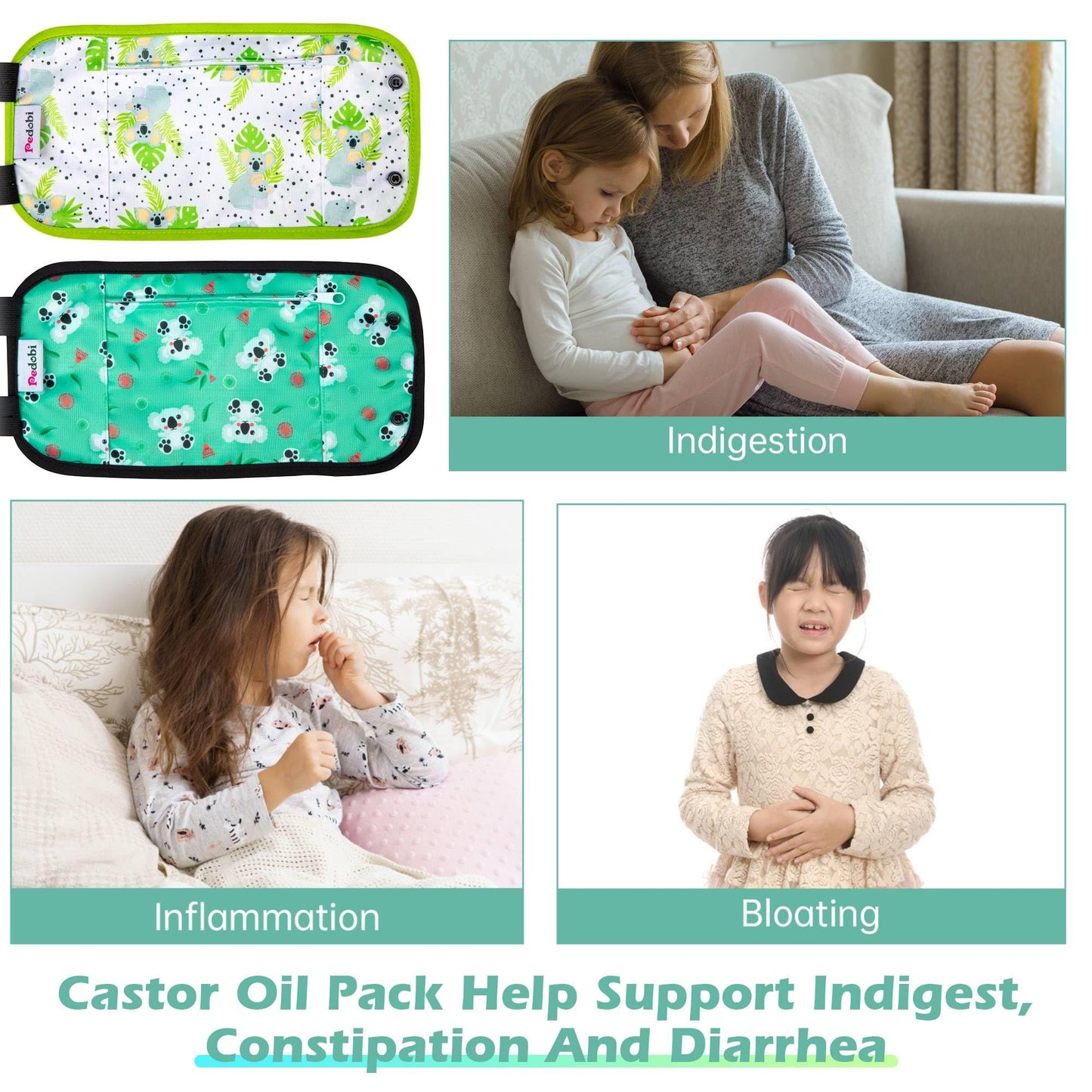 Pedobi 2 Pack Castor Oil Pack Wraps for Kids – Reusable Organic Cotton Pads with Adjustable Straps