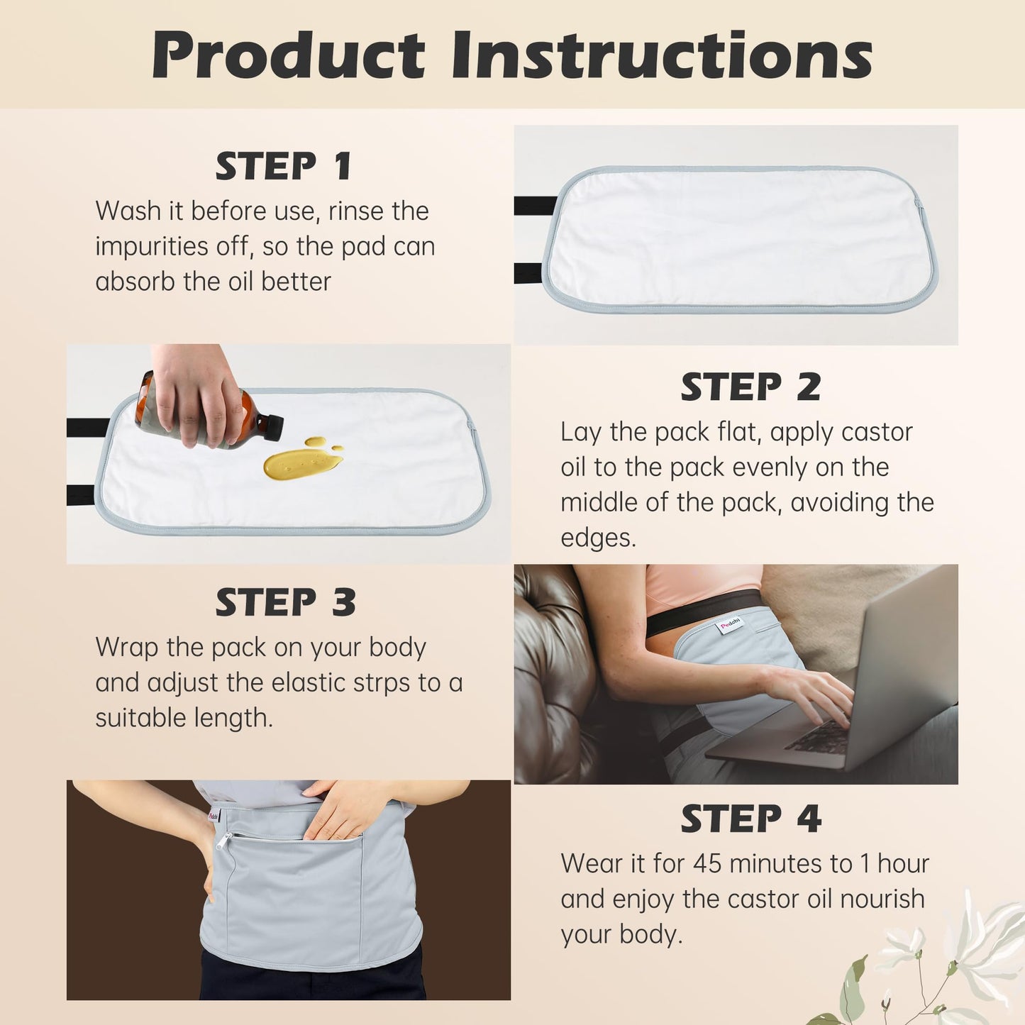 Pedobi Castor Oil Pack Wrap - Reusable, Mess-Free, Adjustable Straps