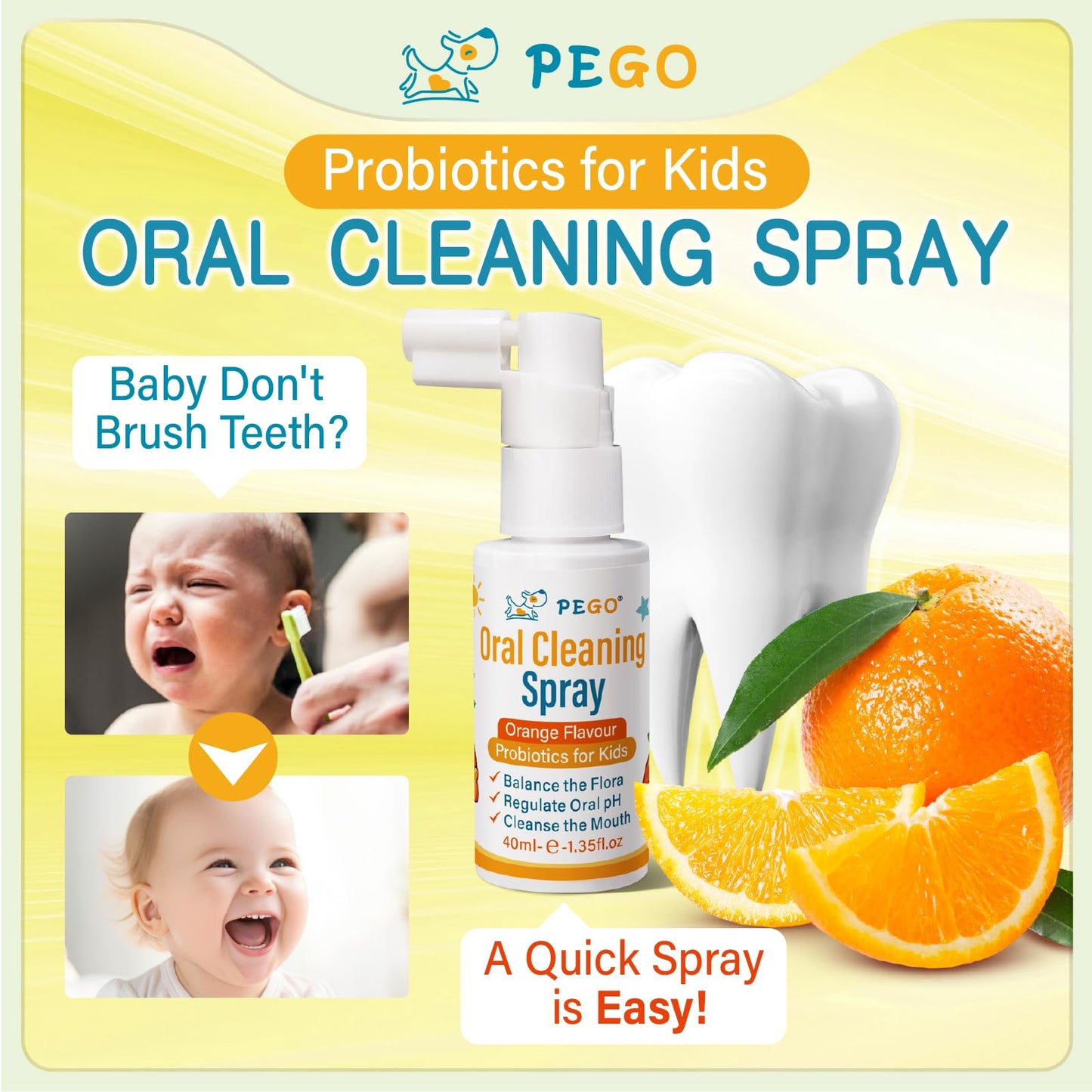 PEGO Kids Oral Spray - Probiotic, Fluoride-Free Mouth Spray for Toddlers & Kids (Orange, 40ml)