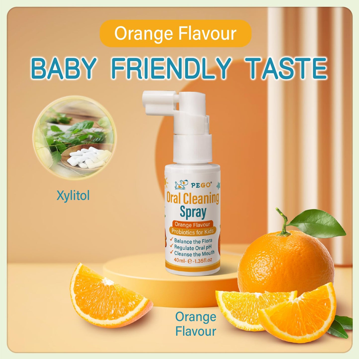 PEGO Kids Oral Spray - Probiotic, Fluoride-Free Mouth Spray for Toddlers & Kids (Orange, 40ml)