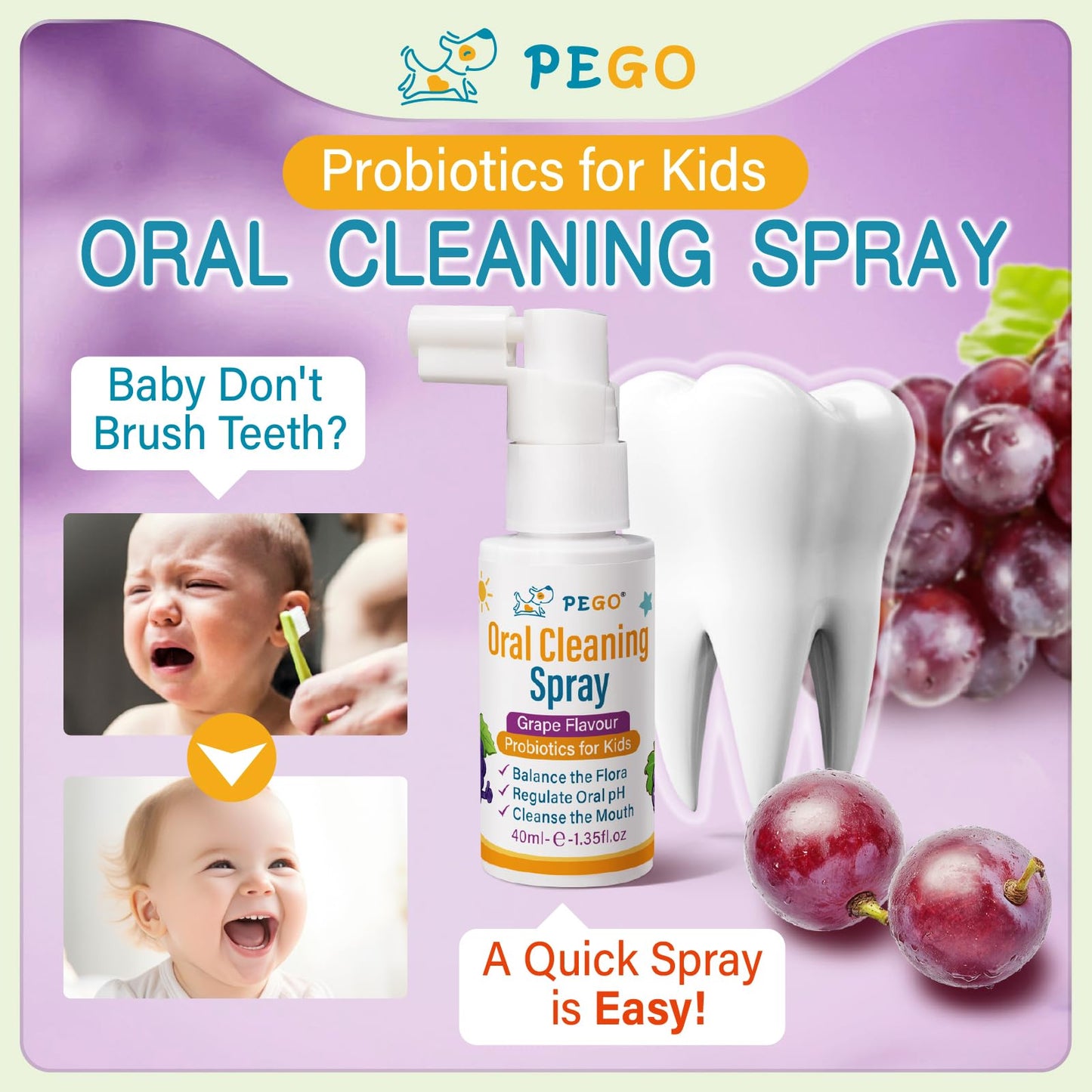 PEGO Kids Oral Spray – Fluoride Free Toddler Care (40ml×2, Grape)