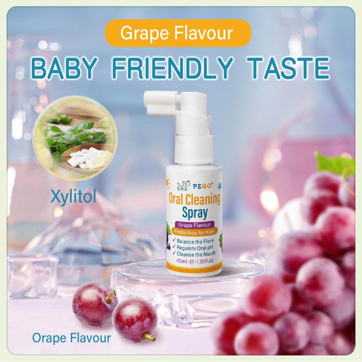 PEGO Kids Oral Spray - Fluoride-Free Toddler Care, Grape Flavor (40ml) | Newborn to Preschoolers