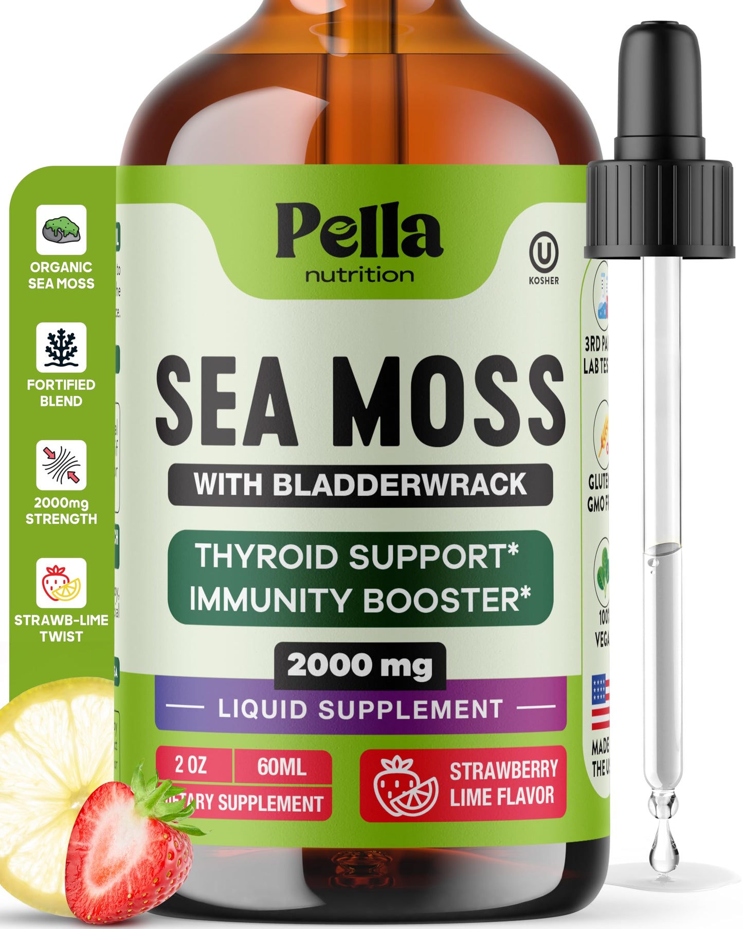Pella Nutrition Sea Moss Drops with Bladderwrack – 4X Faster Absorption | Digestive & Immune Support | Strawberry Lime 60mL