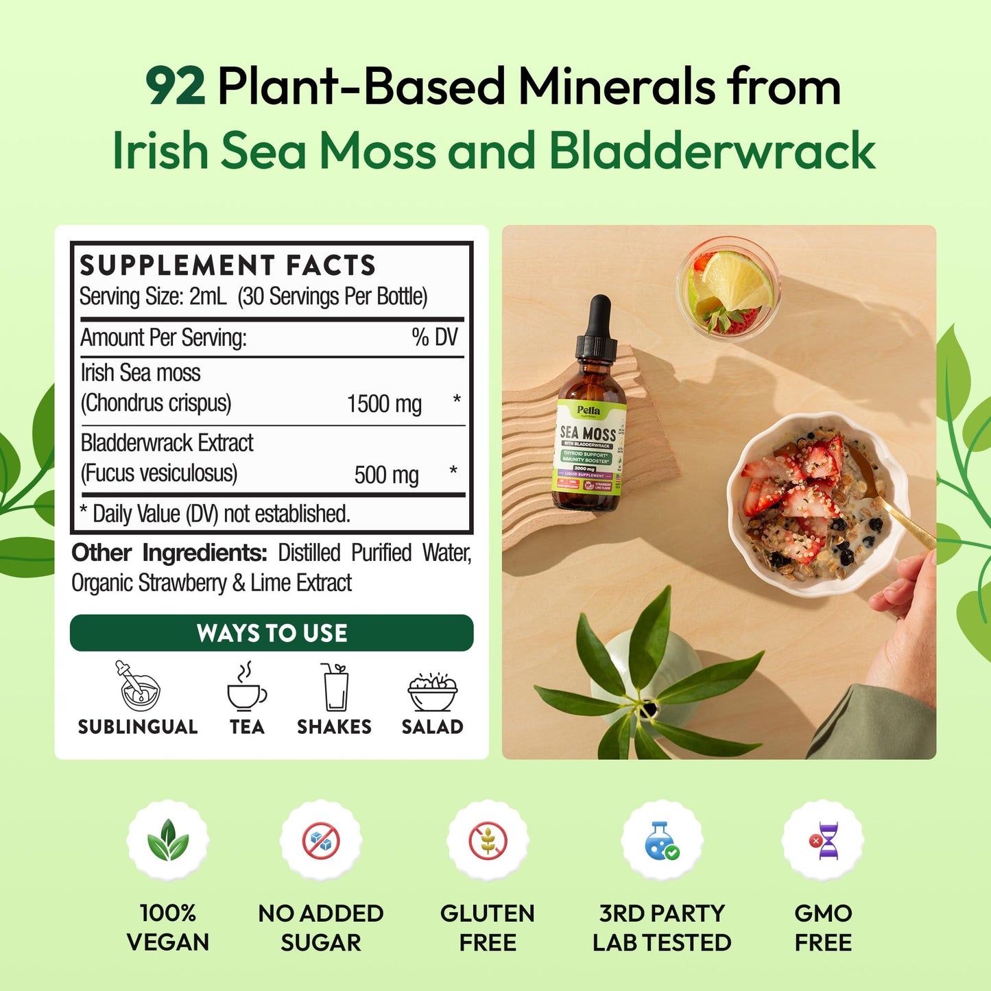 Pella Nutrition Sea Moss Drops with Bladderwrack – 4X Faster Absorption | Digestive & Immune Support | Strawberry Lime 60mL