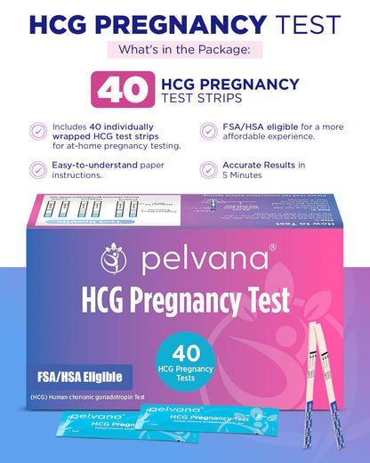 Pelvana HCG Pregnancy Test Strips – 40 Count, 5-Minute Results, At-Home Bulk Pack