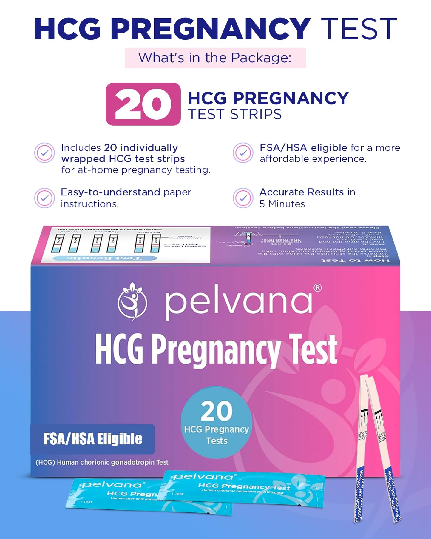 Pelvana HCG Pregnancy Test Strips 20 Count – 5-Minute Results | Bulk Pack